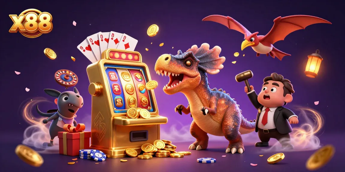 x88 slot machine jackpot illustration with dinosaurs and vibrant casino elements.